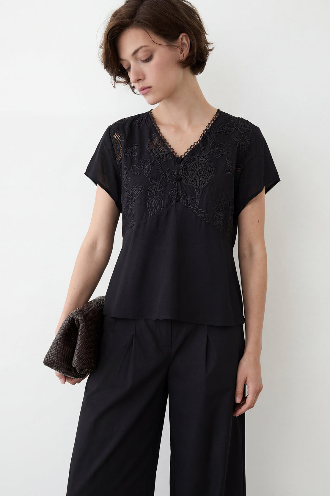 KOKO Light Weave Embroidered Lace Top – Black