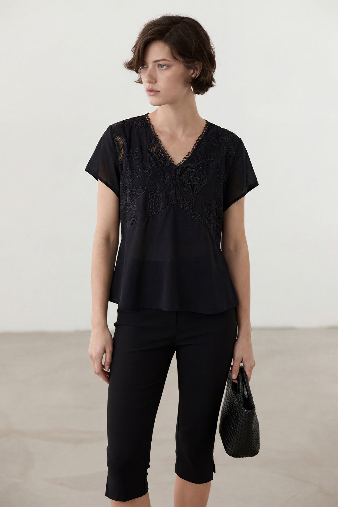 KOKO Light Weave Embroidered Lace Top – Black