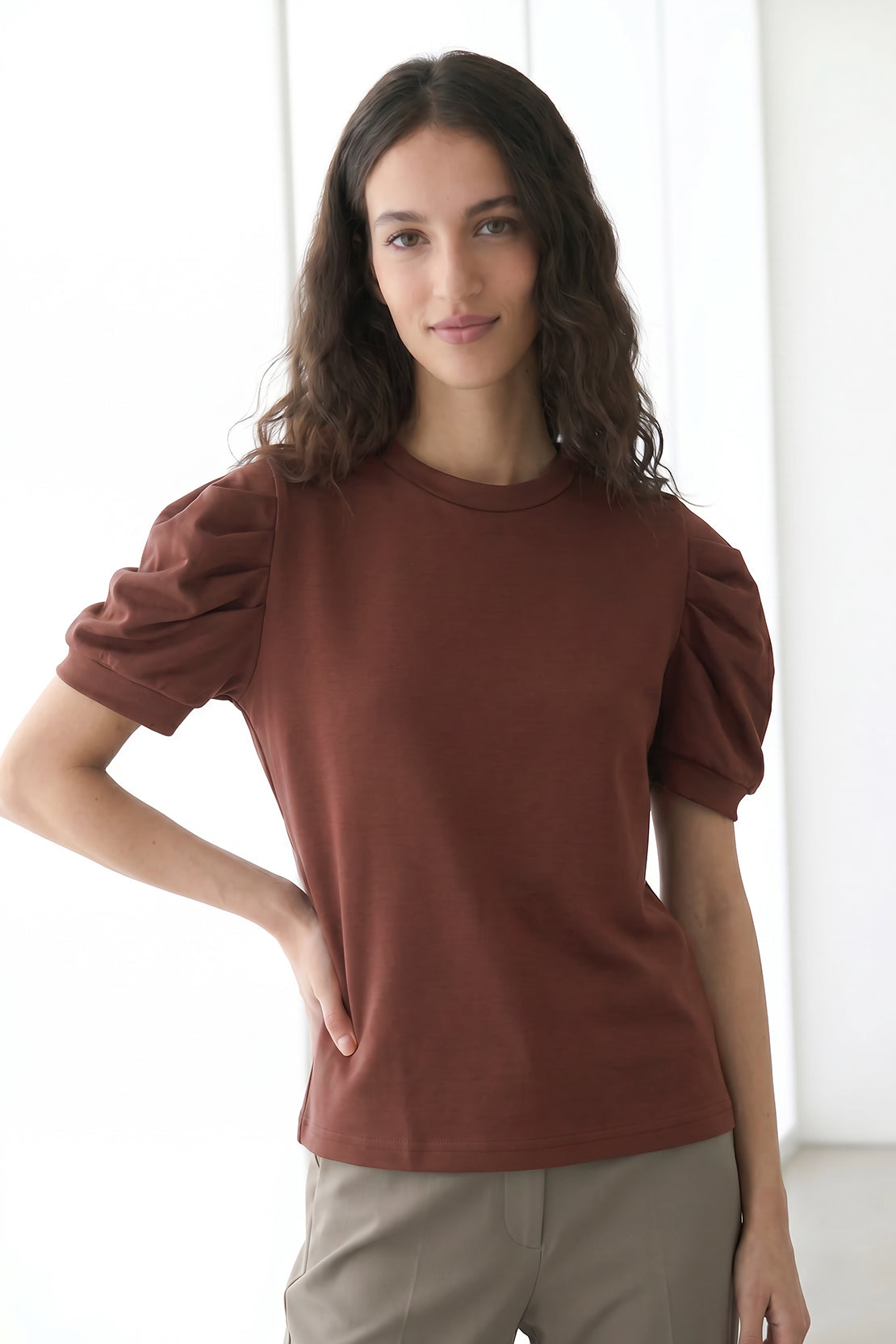Koko Modal Puff Sleeve Top – Brown