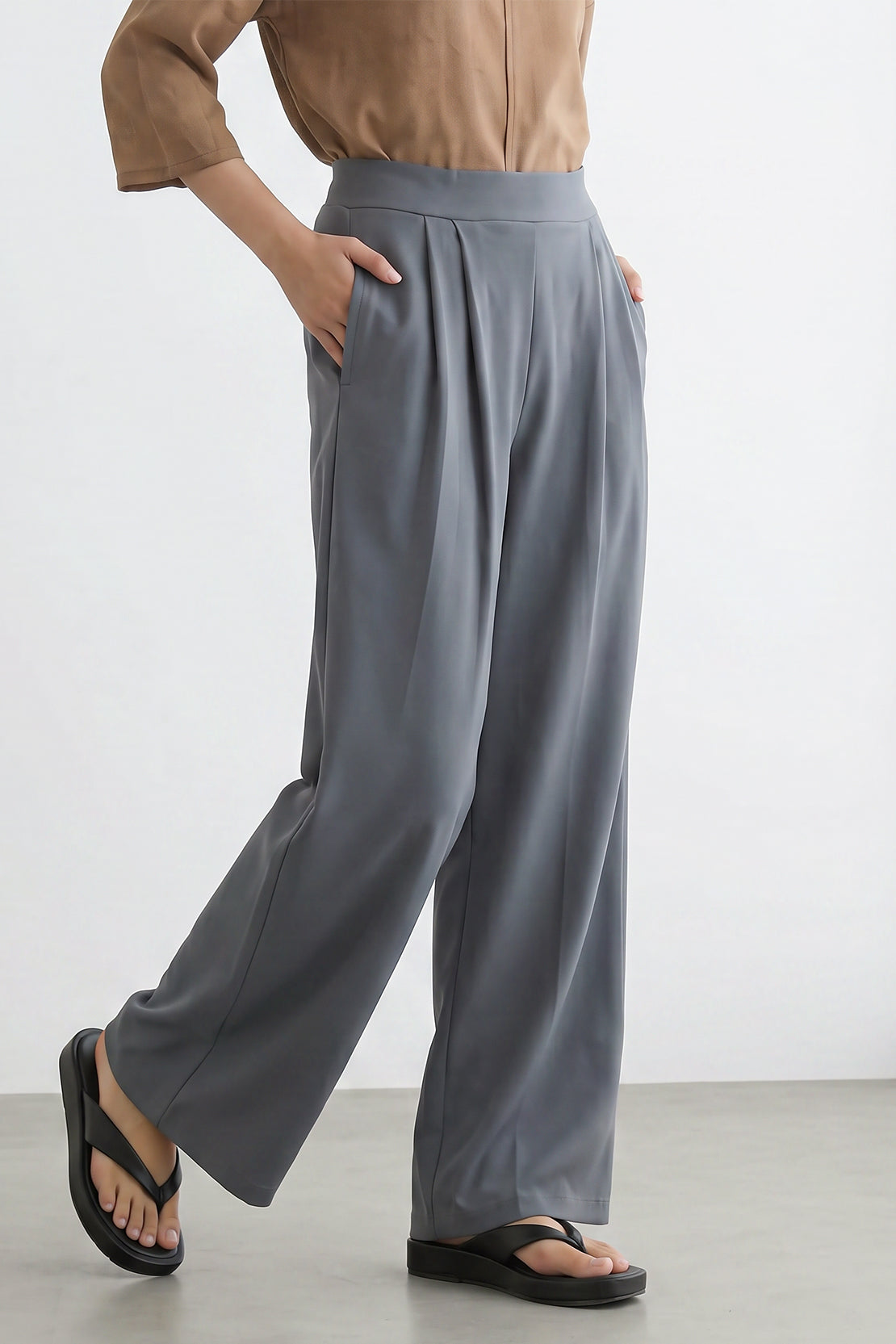 KOKO Modal Blend Wide-Leg Pleated Bottom – Dark Grey