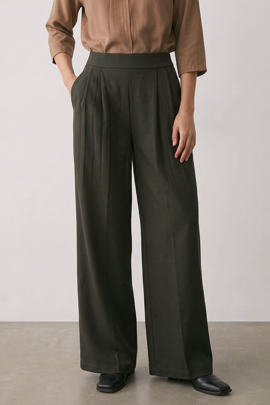 KOKO Modal Blend Wide-Leg Pleated Bottom – Olive