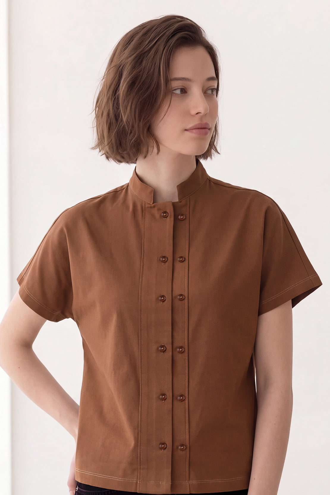 KOKO Smooth Cotton Button-Front Shirt – Brown