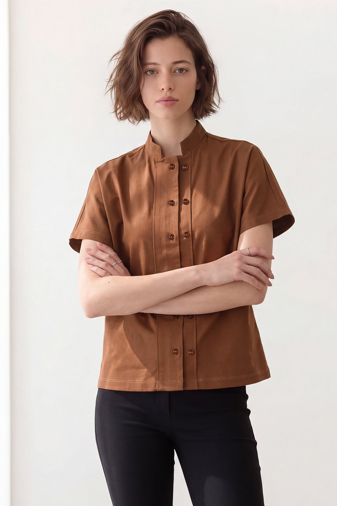 KOKO Smooth Cotton Button-Front Shirt – Brown
