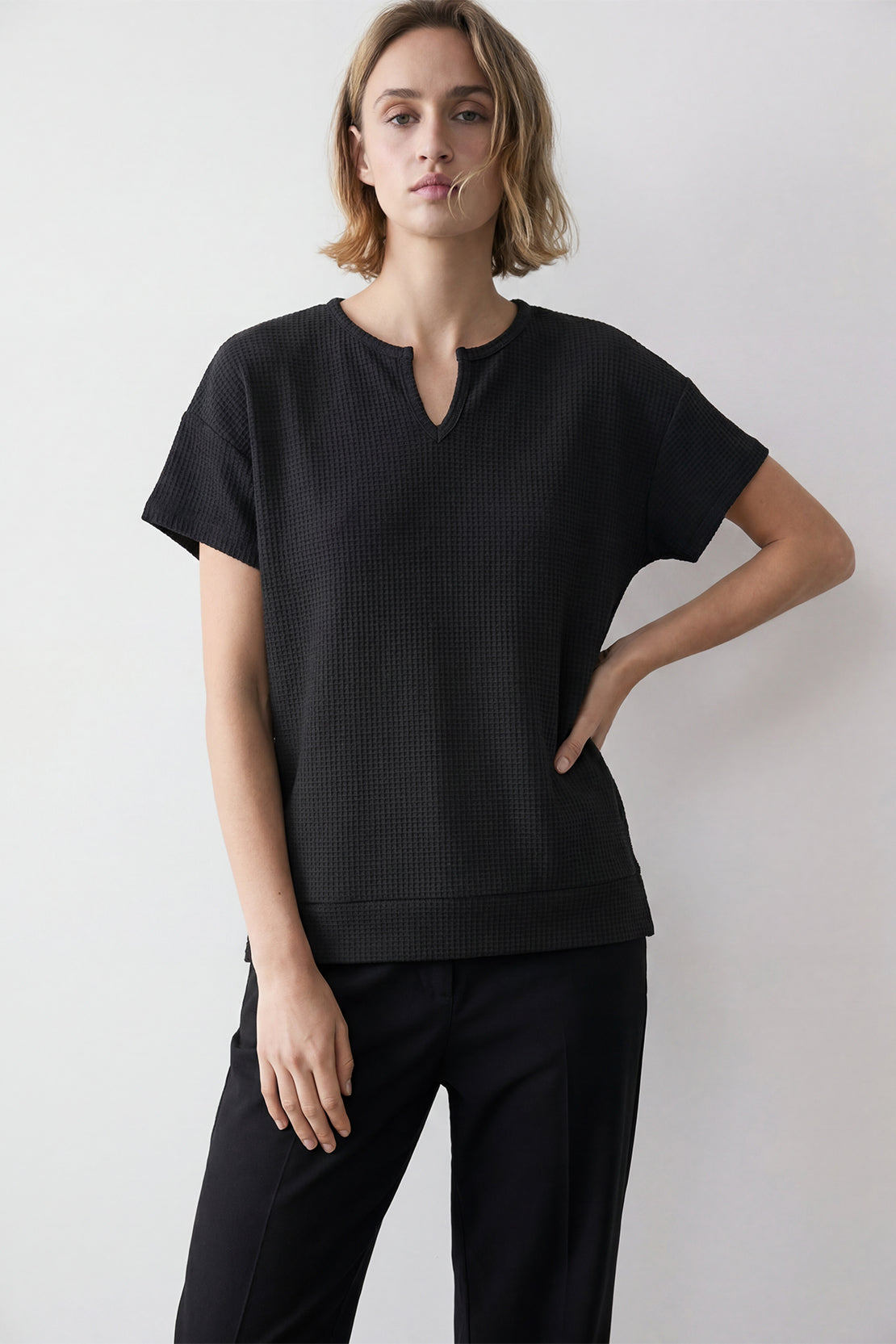 KOKO Waffle V-Neck Top – Black
