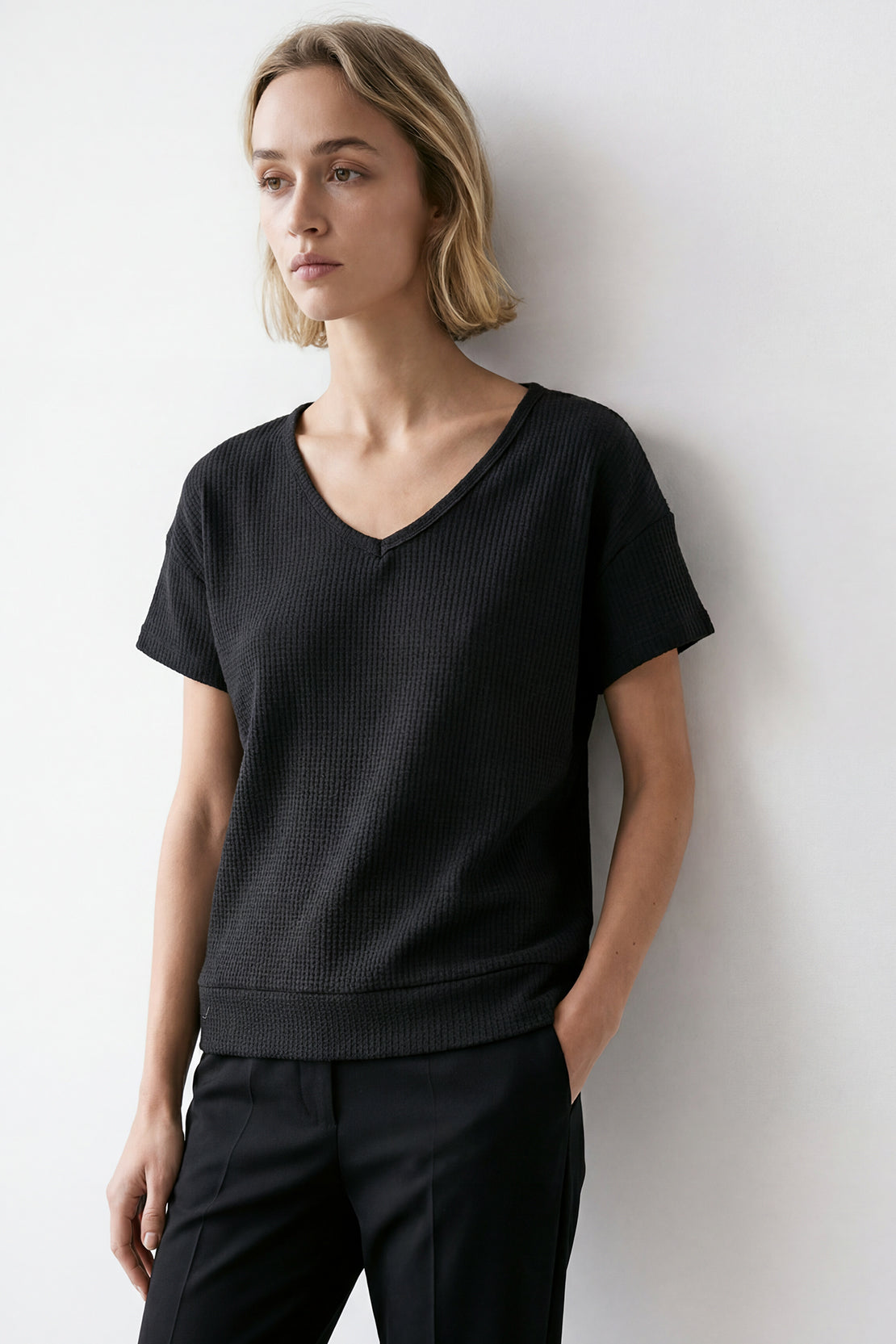 KOKO Waffle V-Neck Top – Black