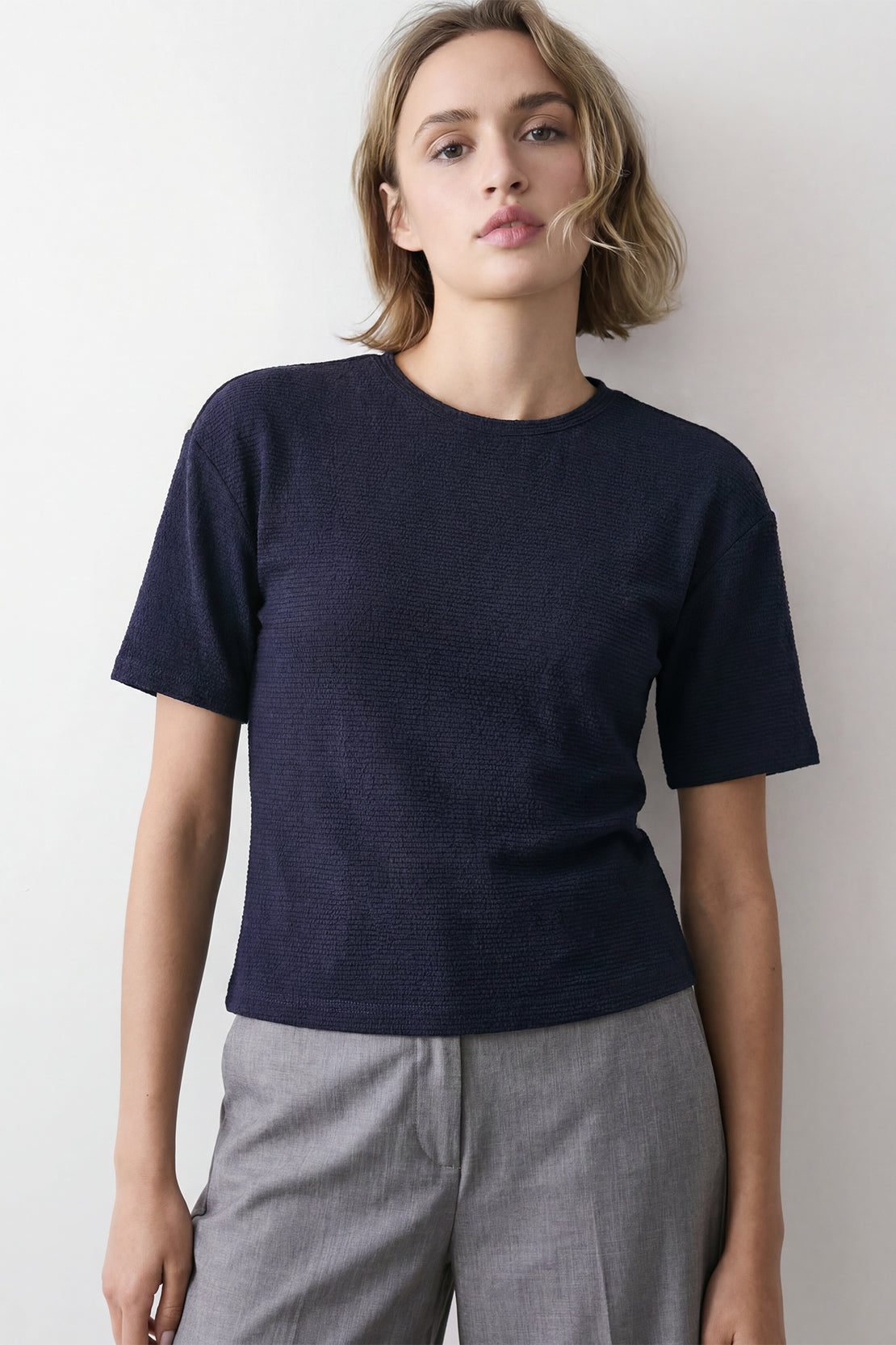 KOKO Textured Knit Boxy Fit Crew Neck Tee – Navy