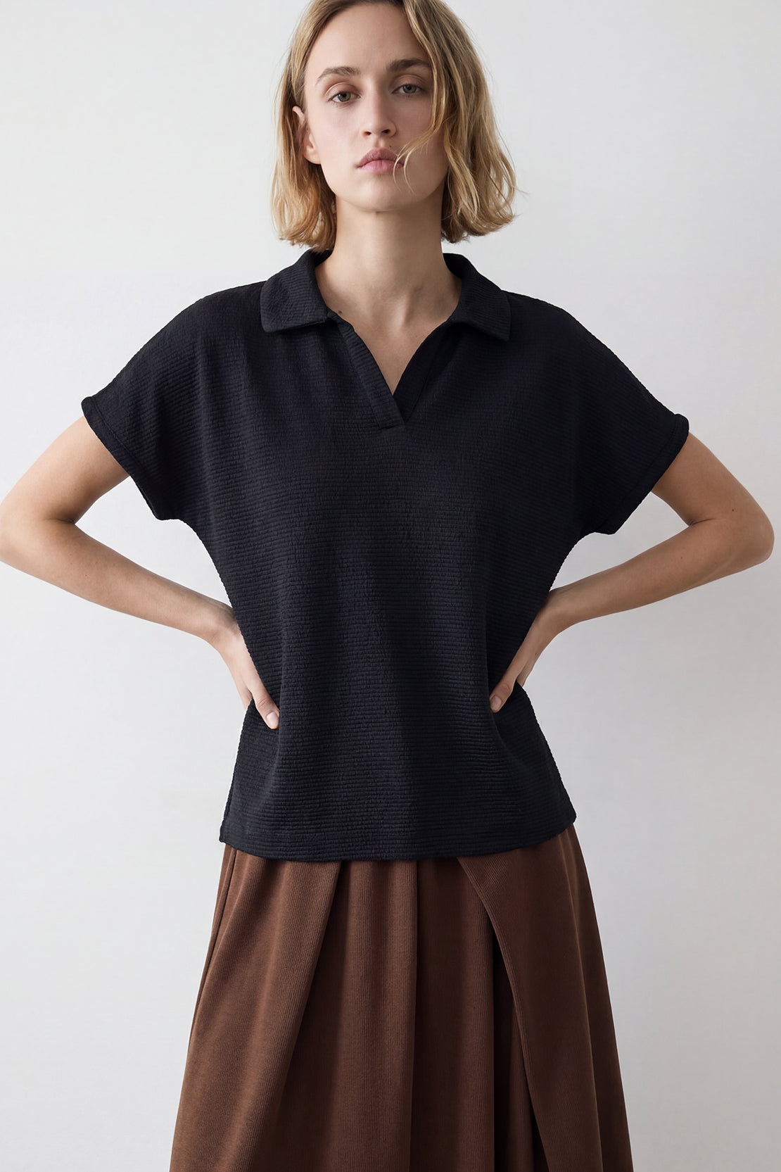 KOKO Textured Knit Cap Sleeve Polo – Black