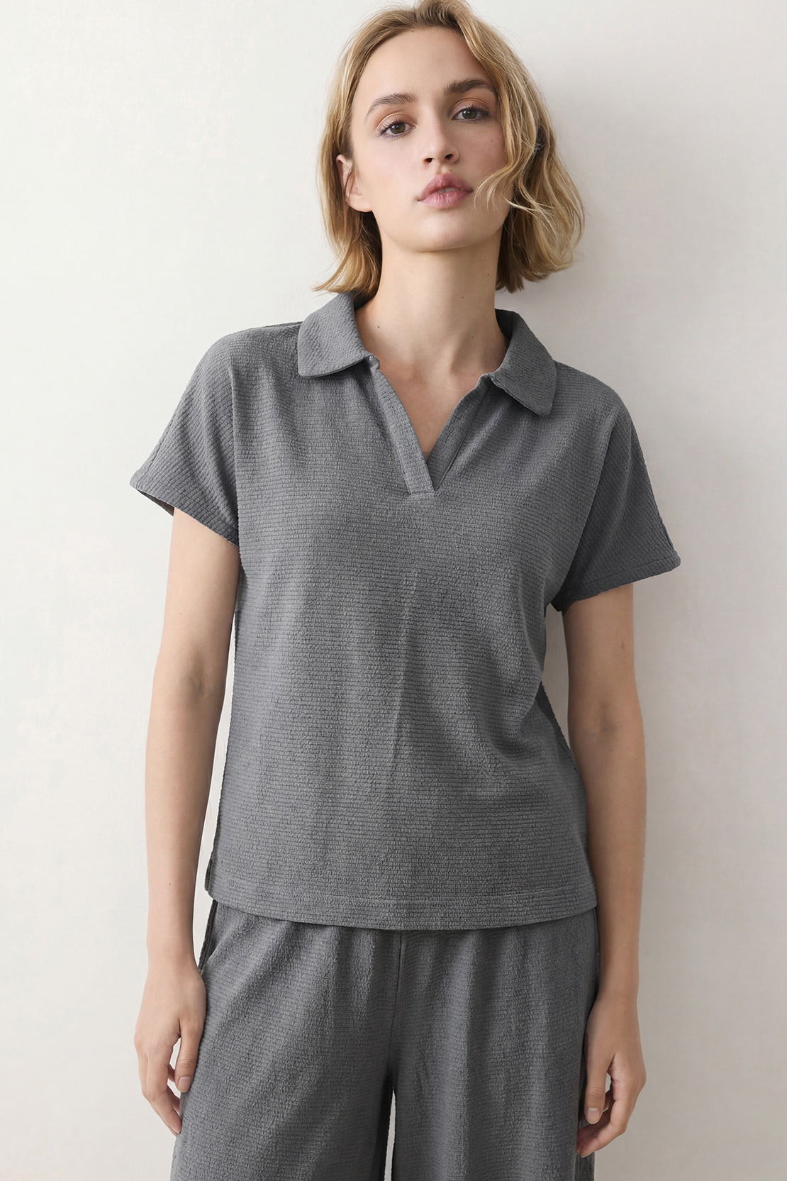 KOKO Textured Knit Cap Sleeve Polo – Dark Grey