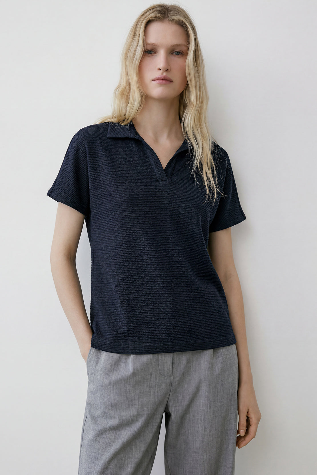 KOKO Textured Knit Cap Sleeve Polo – Navy