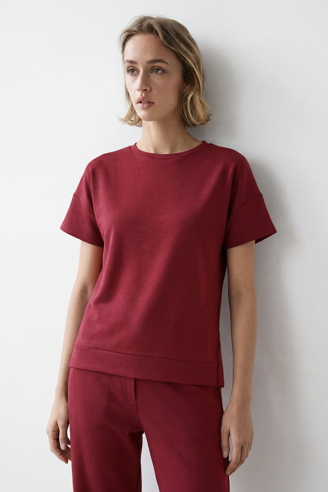 KOKO Modal Blend Relaxed Crew Neck Top – Maroon