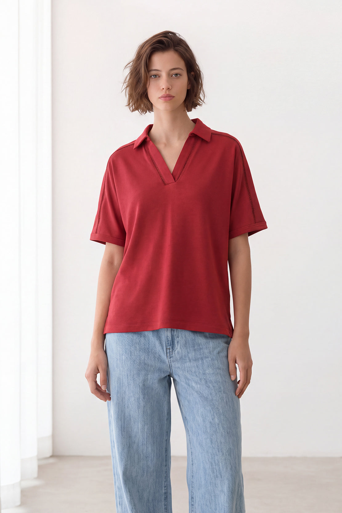 KOKO Modal Blend V-Neck Collared Shirt – Red