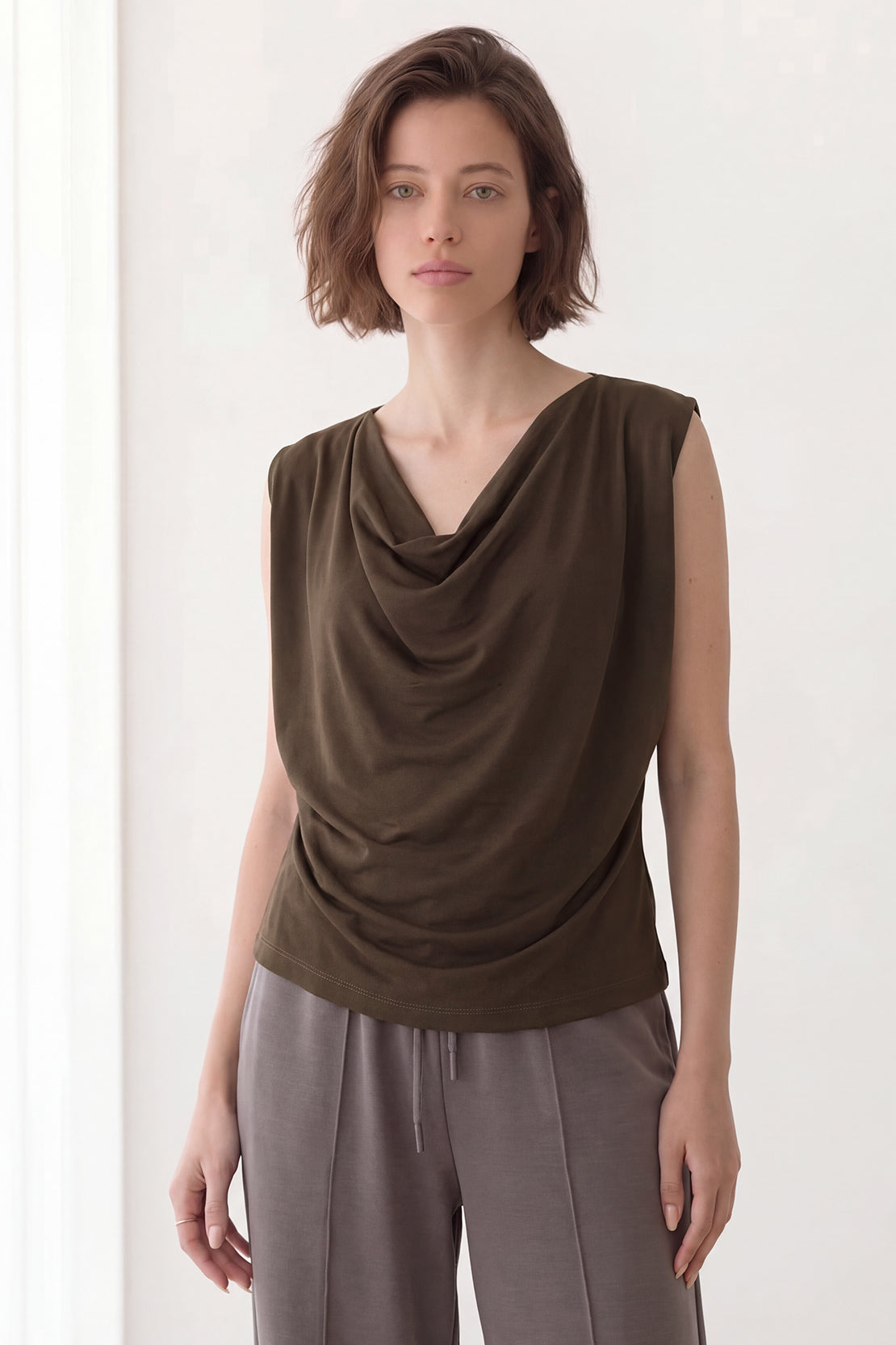 KOKO Silky Muslin Layered Cowl-Neck Top – Brown