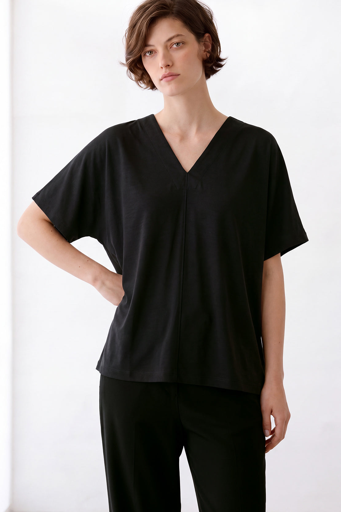 KOKO Silky Muslin Relaxed V-Neck Top – Black