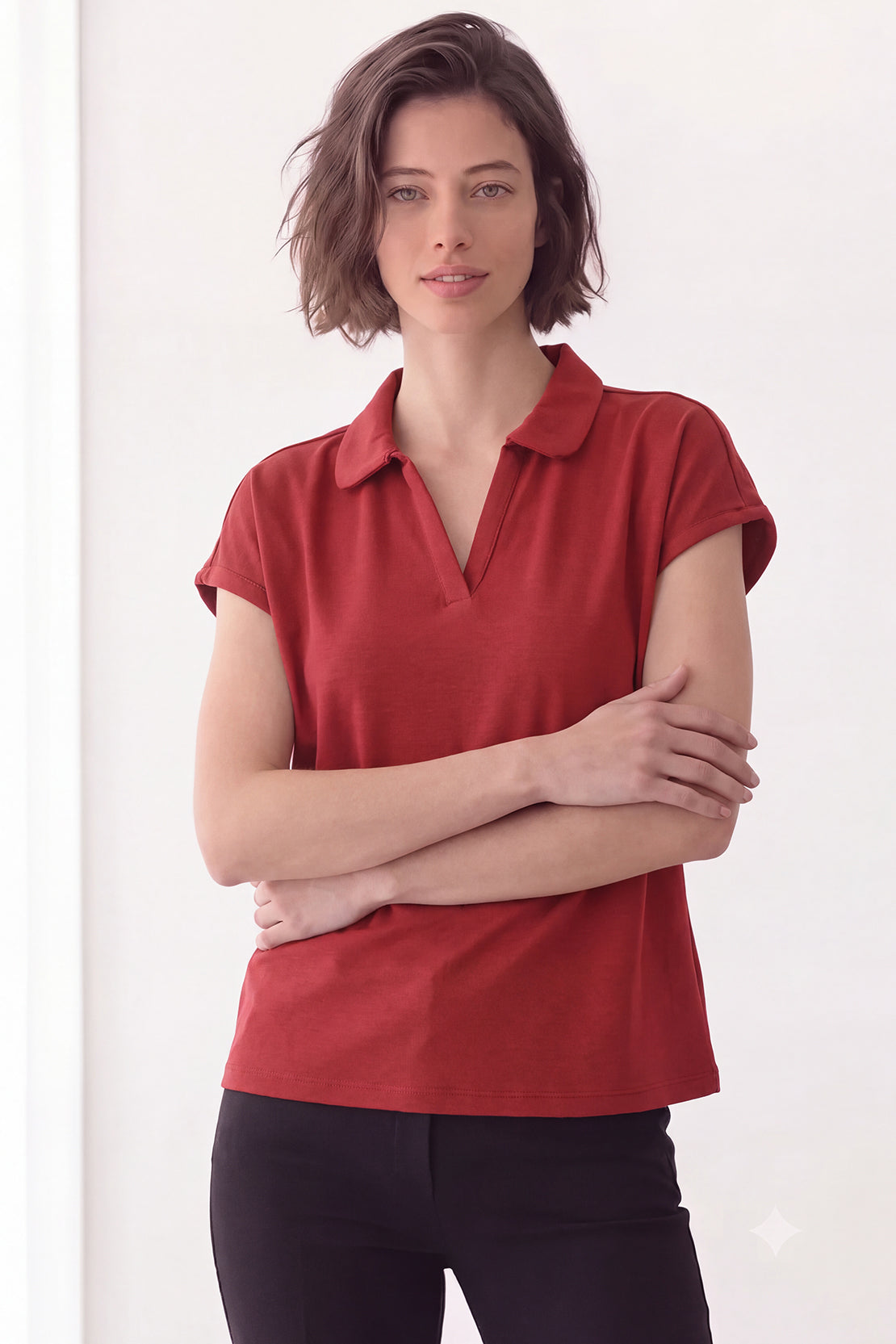 KOKO Feather Cotton Collared Top – Cherry