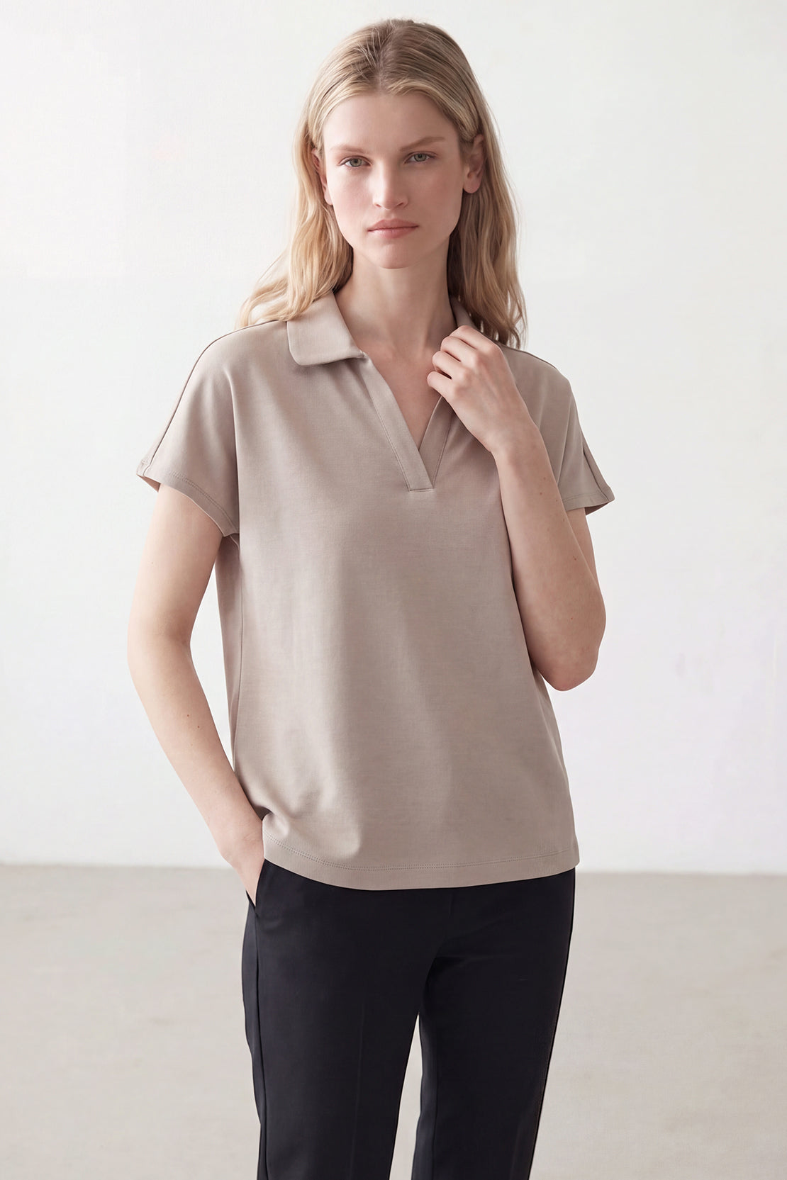 KOKO Feather Cotton Collared Top – Beige