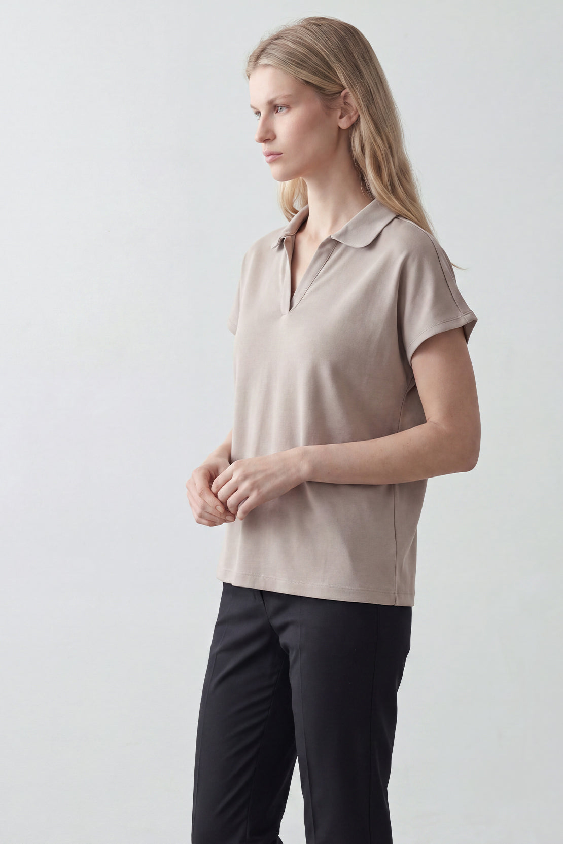 KOKO Feather Cotton Collared Top – Beige