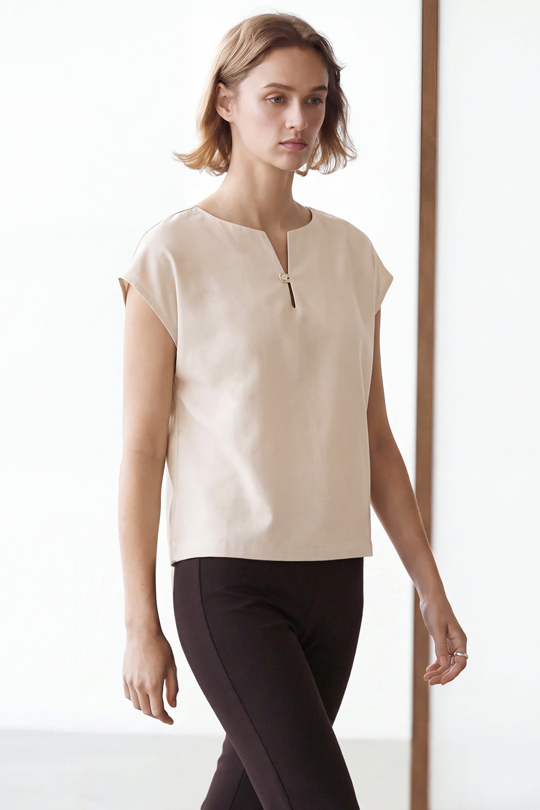 KOKO Silky Linen V-Neck Button Top