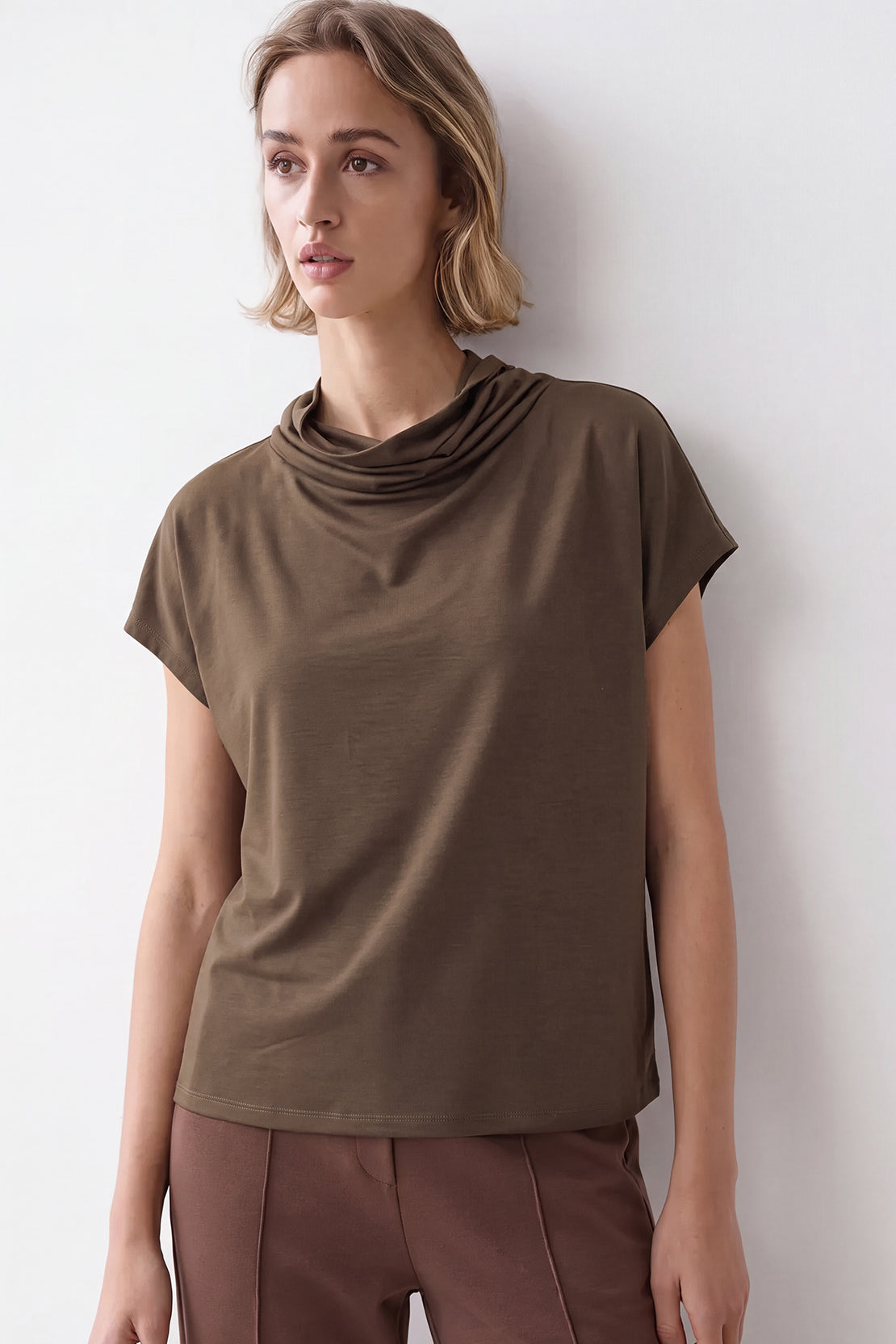 KOKO Silky Muslin Cowl-Neck Top – Taupe