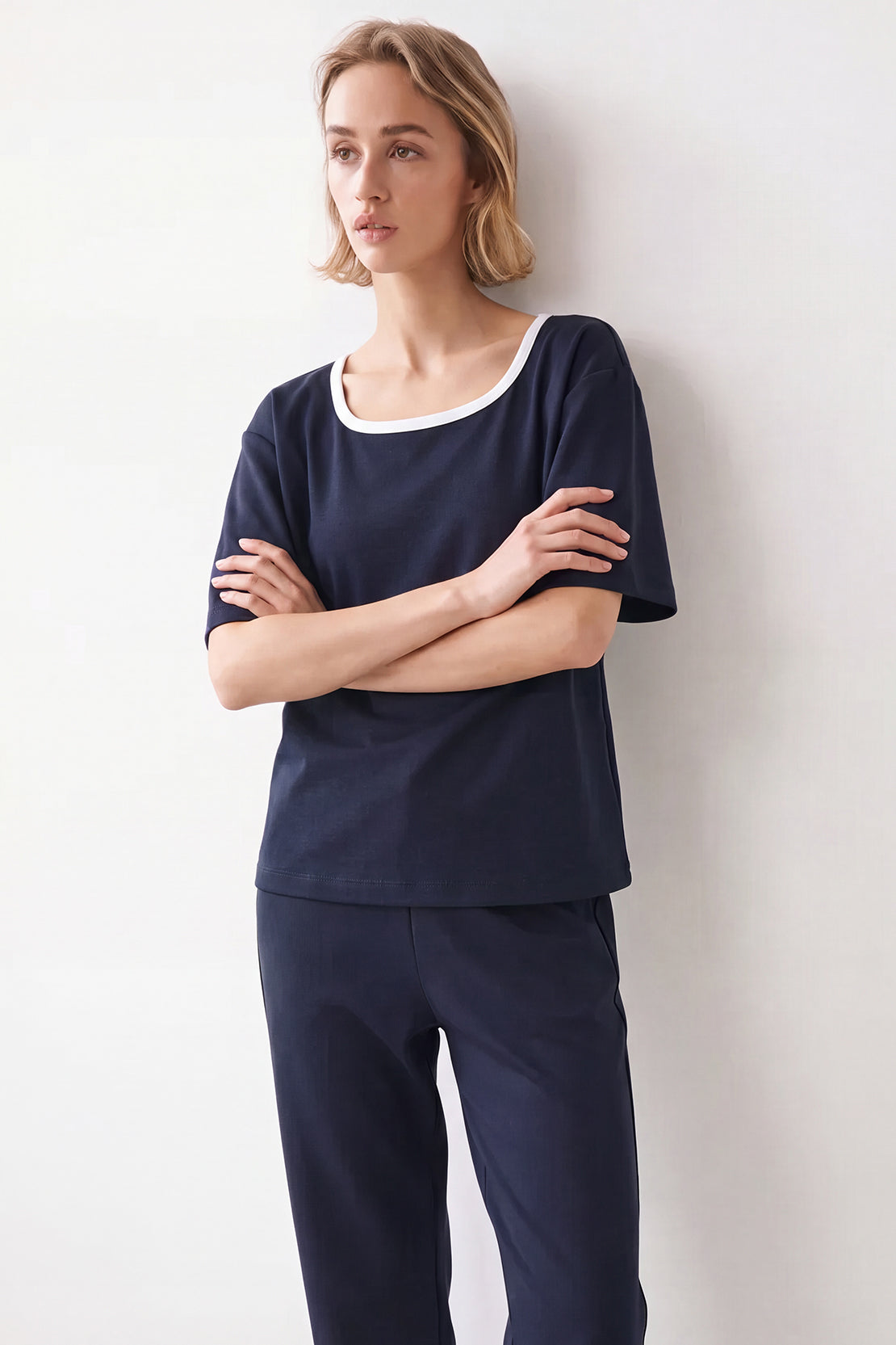 KOKO Cupro Contrast Square Neck T-Shirt – Navy