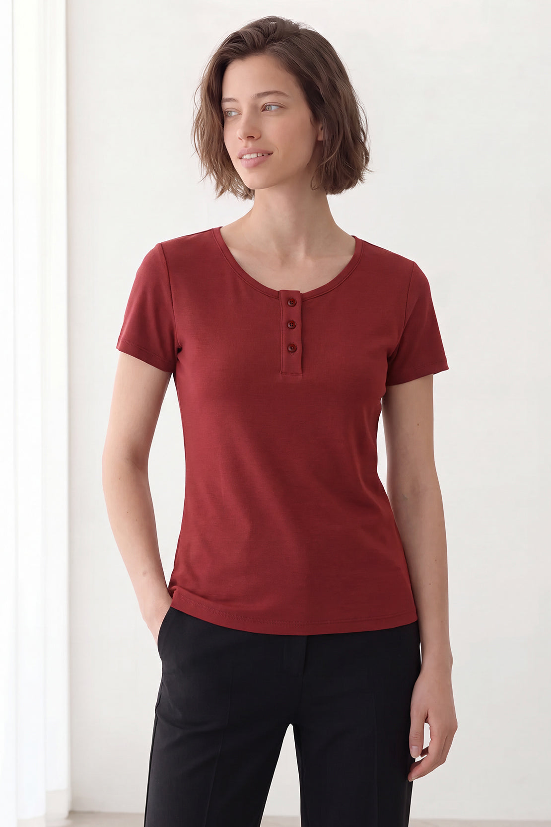 KOKO Cupro Buttoned T-Shirt – Cherry