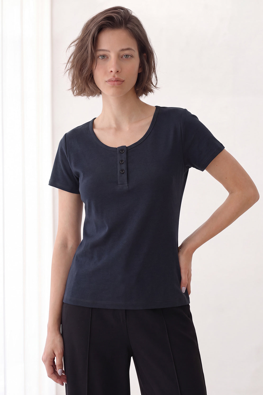 KOKO Cupro Buttoned T-Shirt – Navy