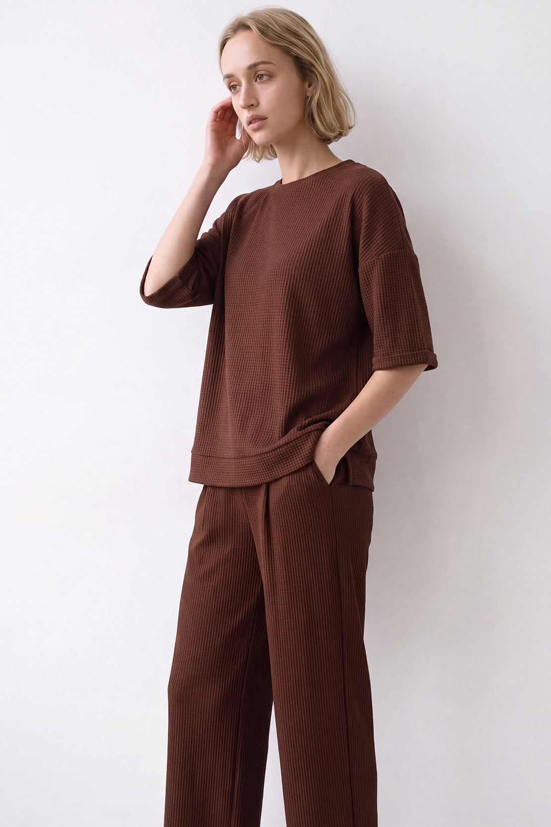 KOKO Structured Knit Drop Shoulder Top – Brown