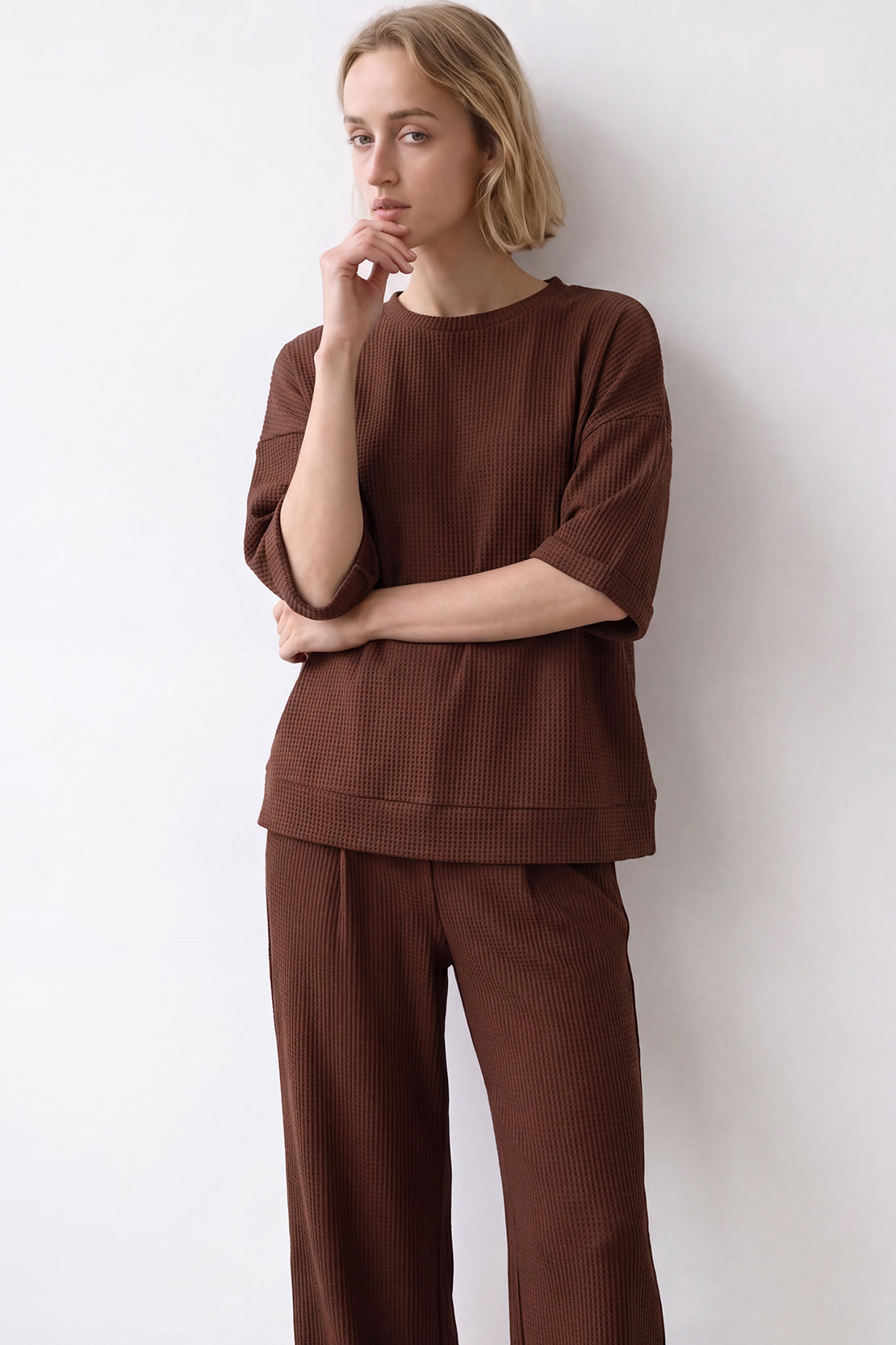 KOKO Structured Knit Drop Shoulder Top – Brown