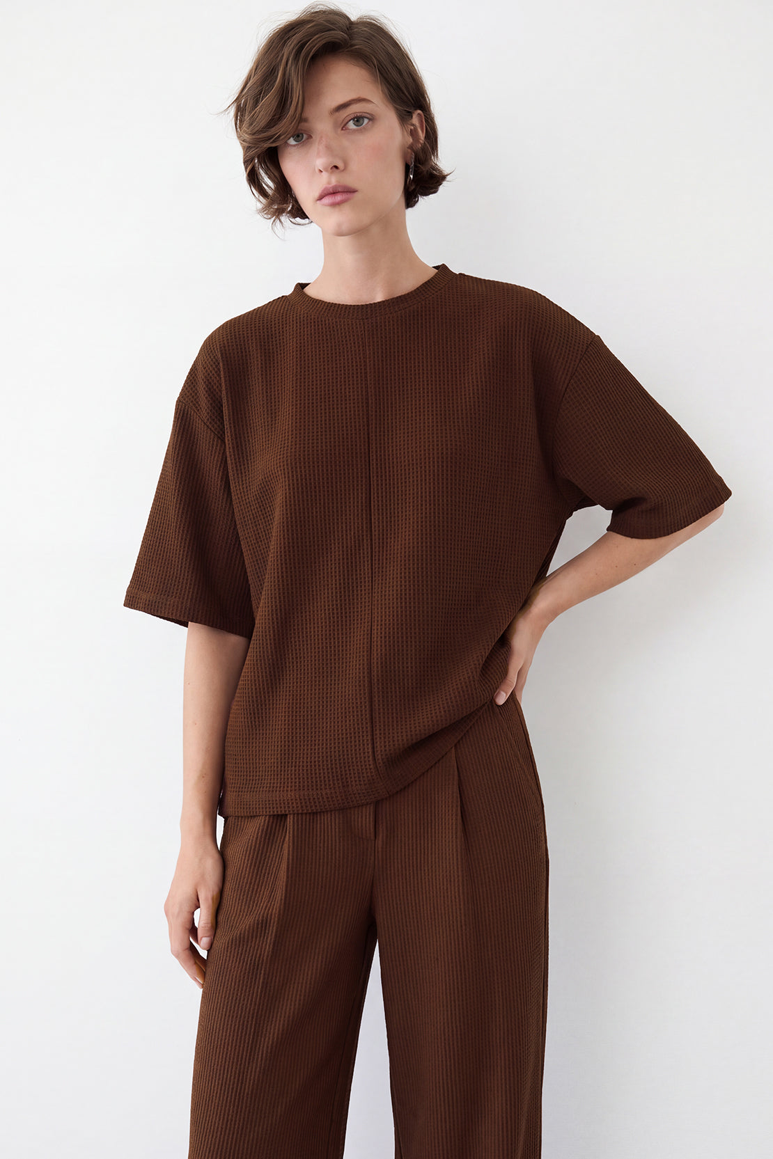 KOKO Structured Knit Drop Shoulder Top – Brown
