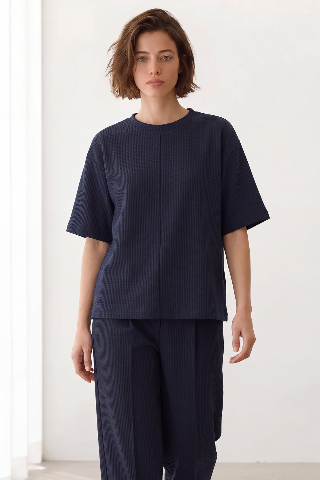 KOKO Structured Knit Drop Shoulder Top – Navy