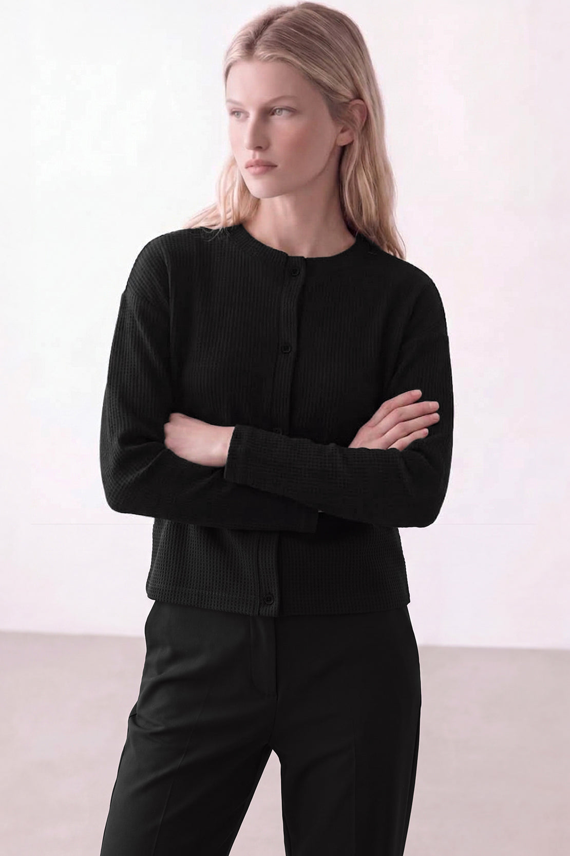 KOKO Structured Knit Button-Down Shirt – Black