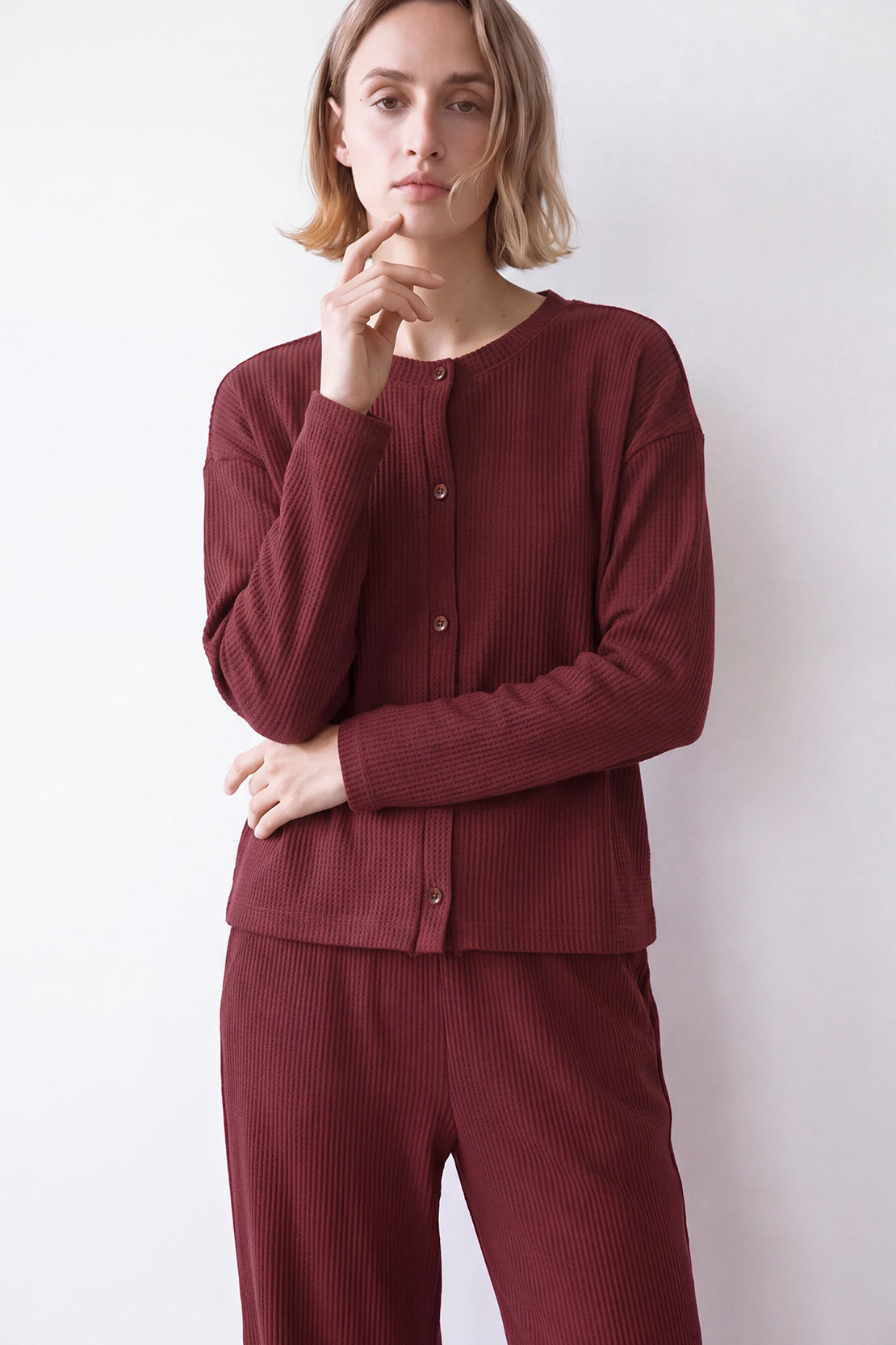 KOKO Structured Knit Button-Down Shirt – Cherry