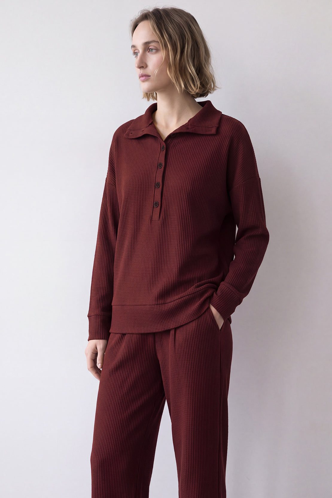 KOKO Structured Knit Button Collared Top