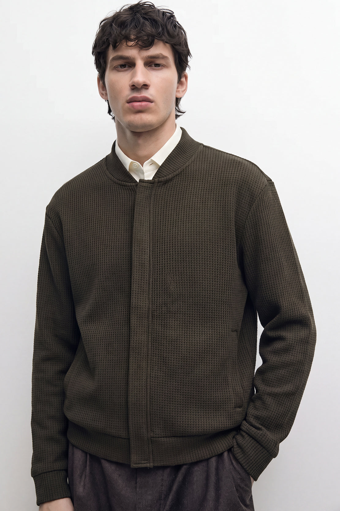 KOKO Structured Knit Baseball Jacket with Placket