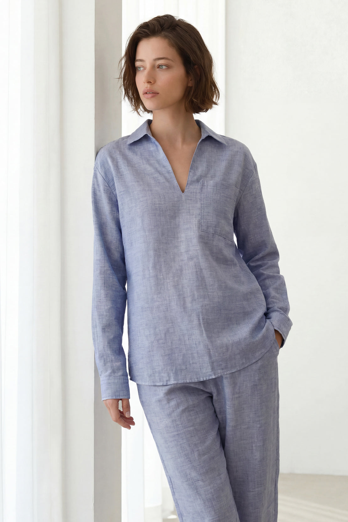 KOKO Nova Linen Relaxed Pocket Top & Relaxed Straight Pants – Cyan blue