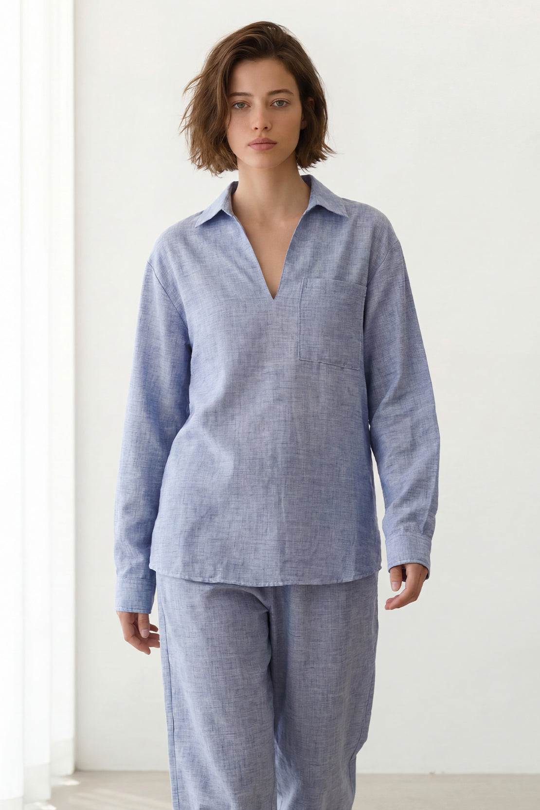 KOKO Nova Linen Relaxed Pocket Top & Relaxed Straight Pants – Cyan blue