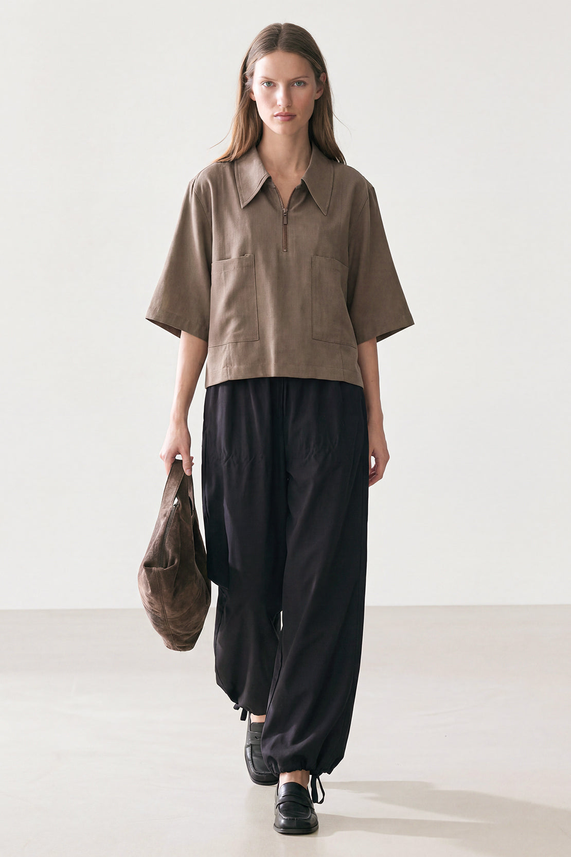 KOKO Pure-Ease Relaxed Zip Woven Shirt – Denim Blue & Brown
