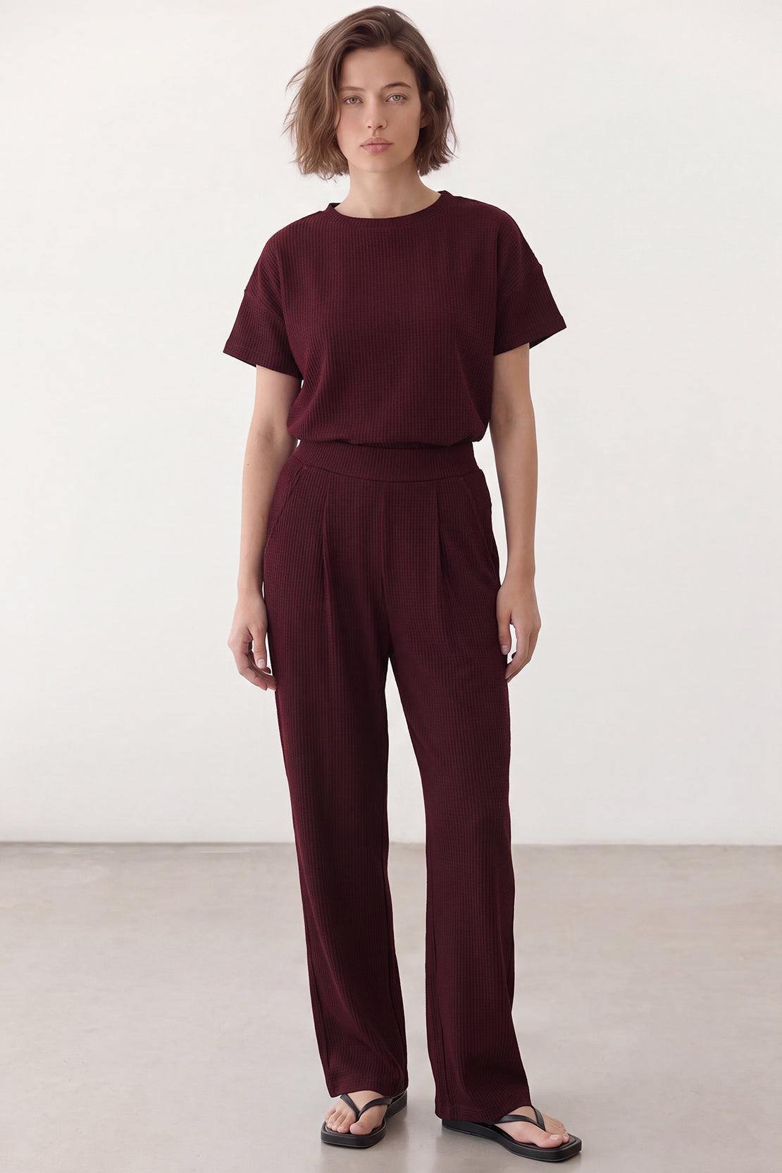 KOKO Structured Knit Wide-leg Trouser – Black, Cherry & Olive