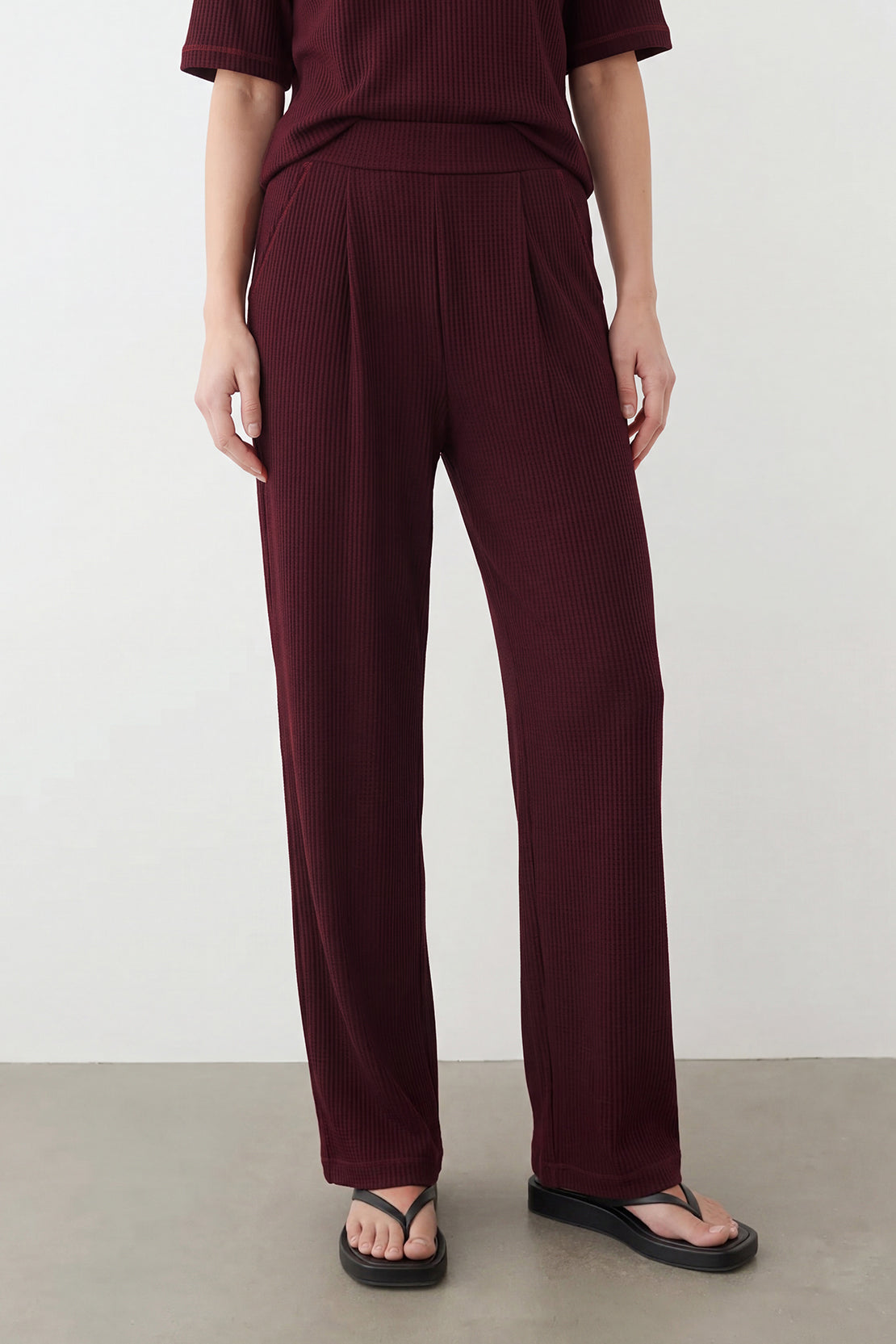KOKO Structured Knit Wide-leg Trouser – Black, Cherry & Olive
