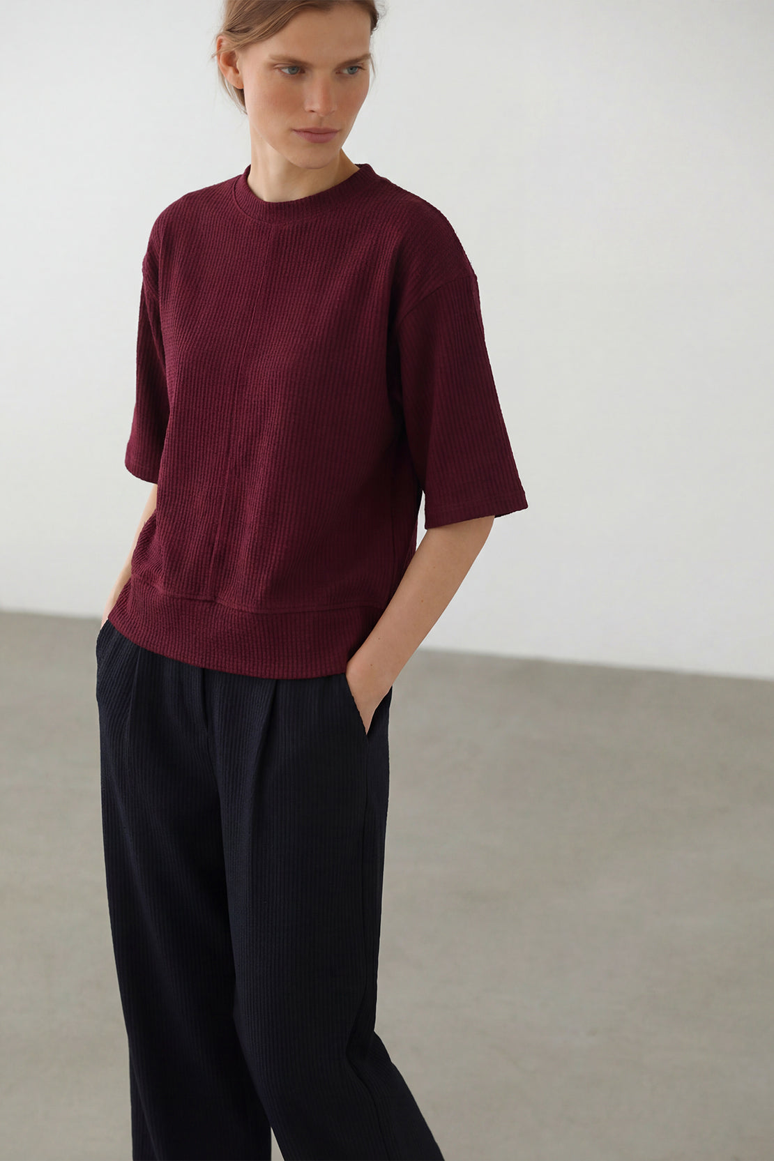KOKO Structured knit Relaxed Top – Olive, Black & Maroon