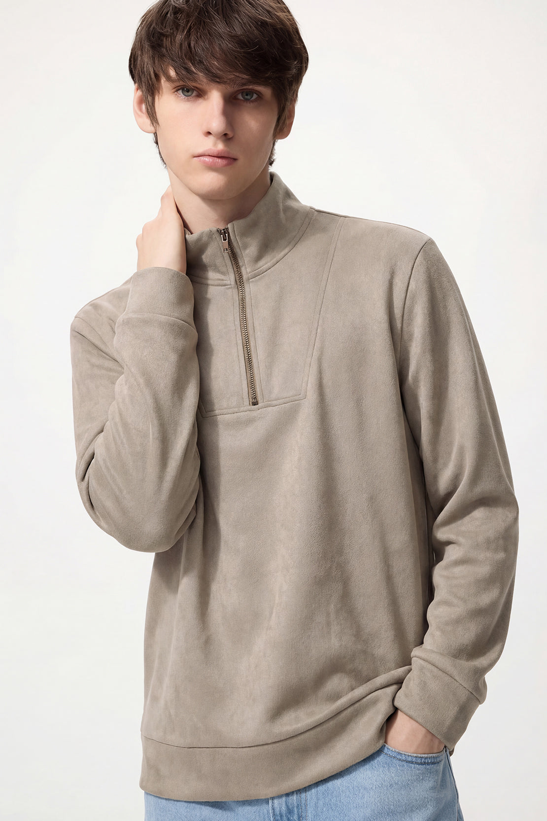 KOKO Soft Touch Suede Half–Zip Pullover – Brown & Sand