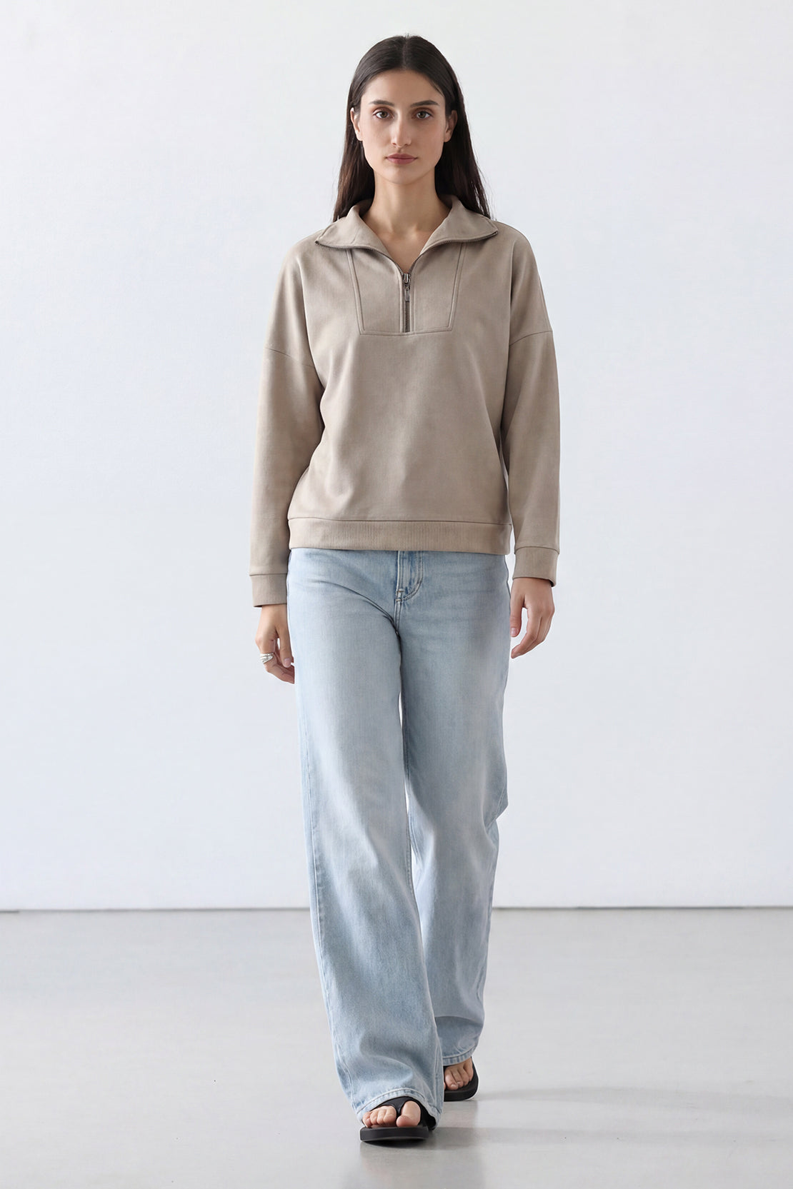 Koko Soft Touch Suede Half-Zip Pullover – Sand