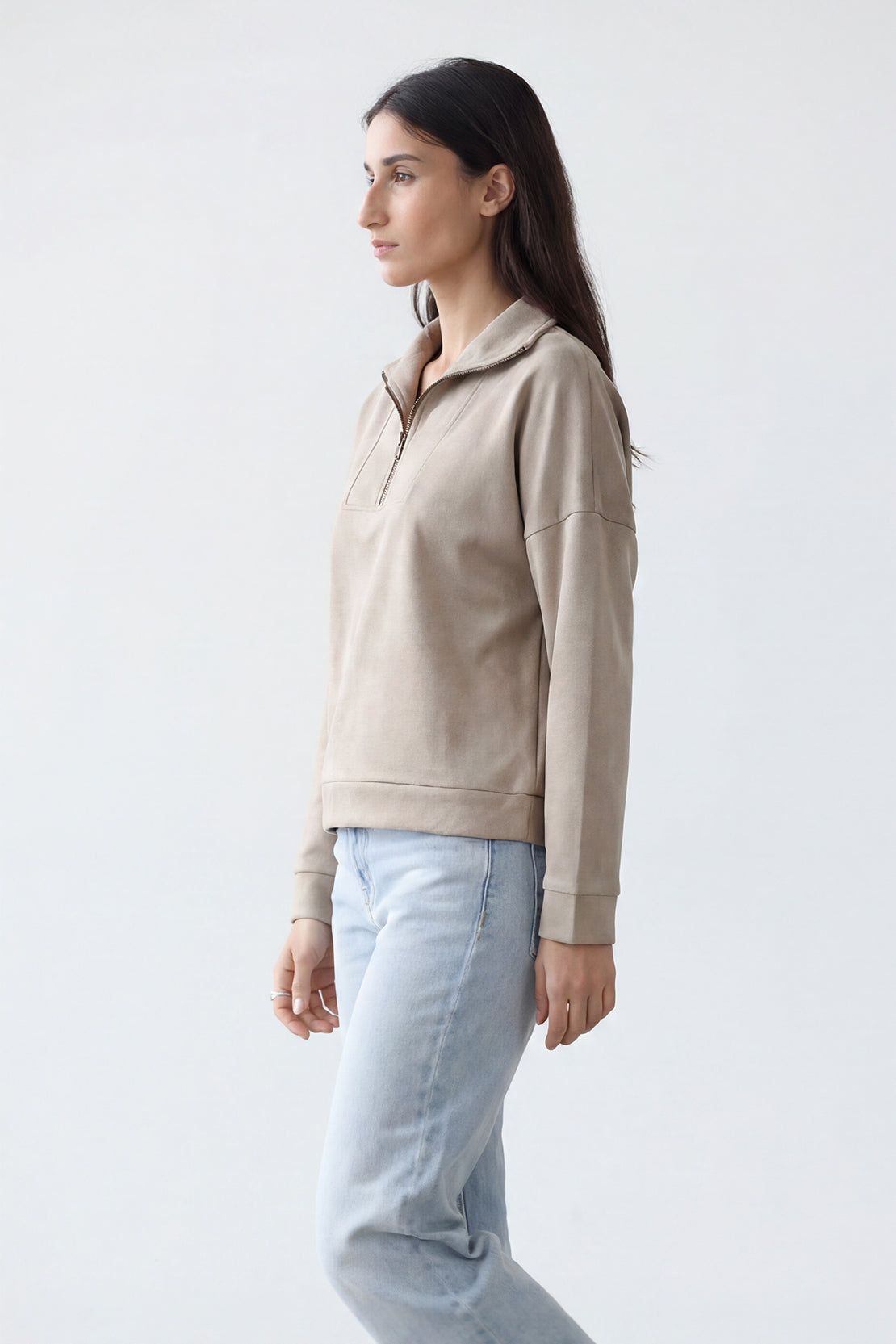 Koko Soft Touch Suede Half-Zip Pullover – Sand