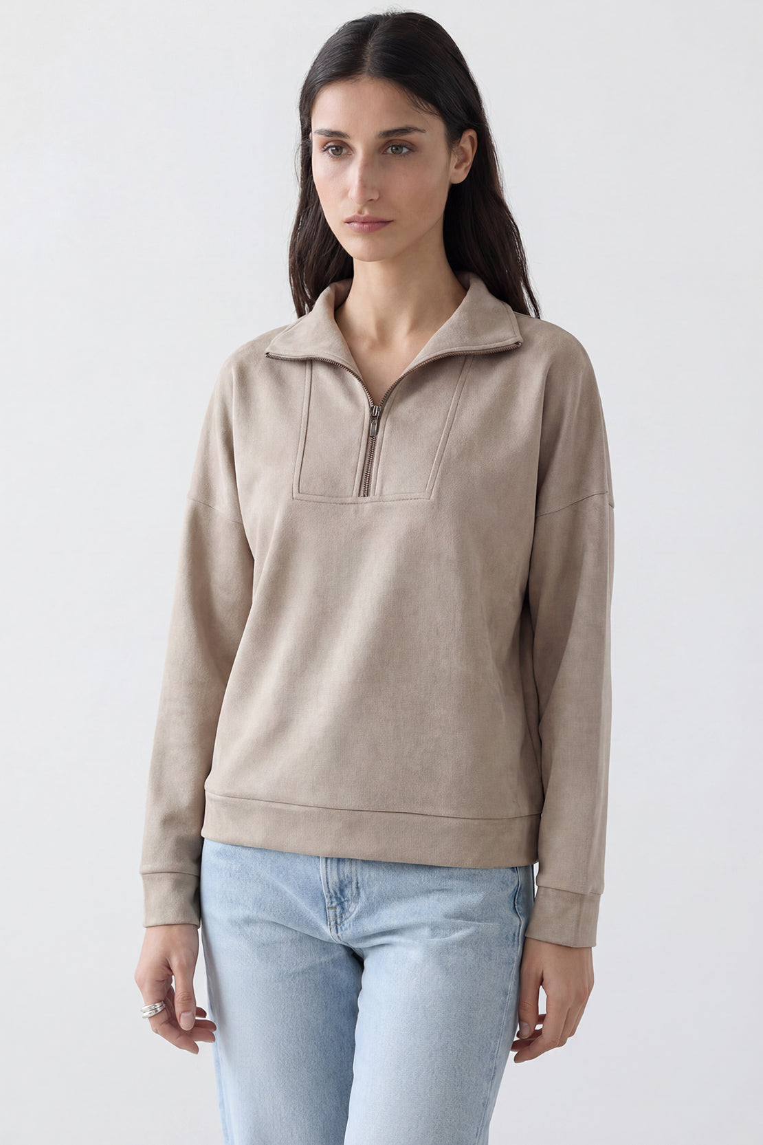 Koko Soft Touch Suede Half-Zip Pullover – Sand
