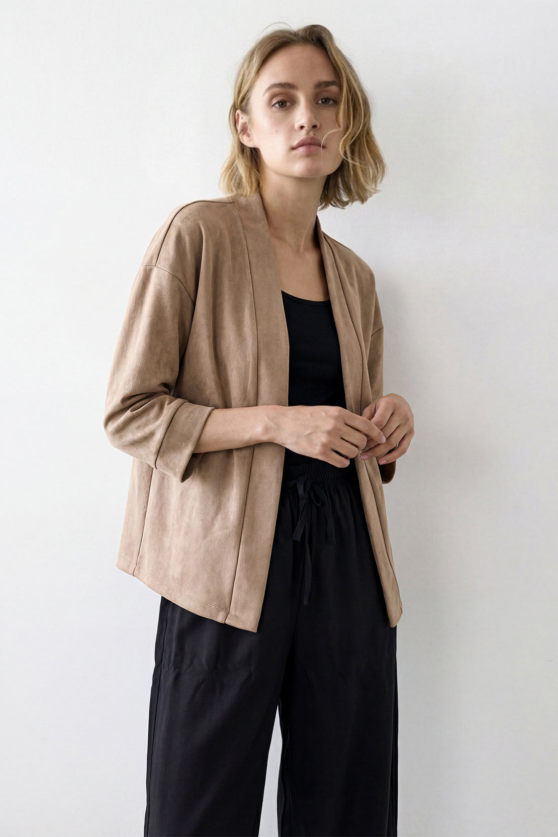 KOKO Suede Open-Front Wrap - Black & Camel