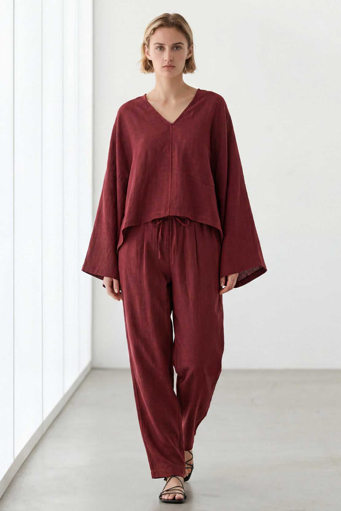 KOKO Pure Linen V-Neck Top & Relaxed Bottom – Red Wine