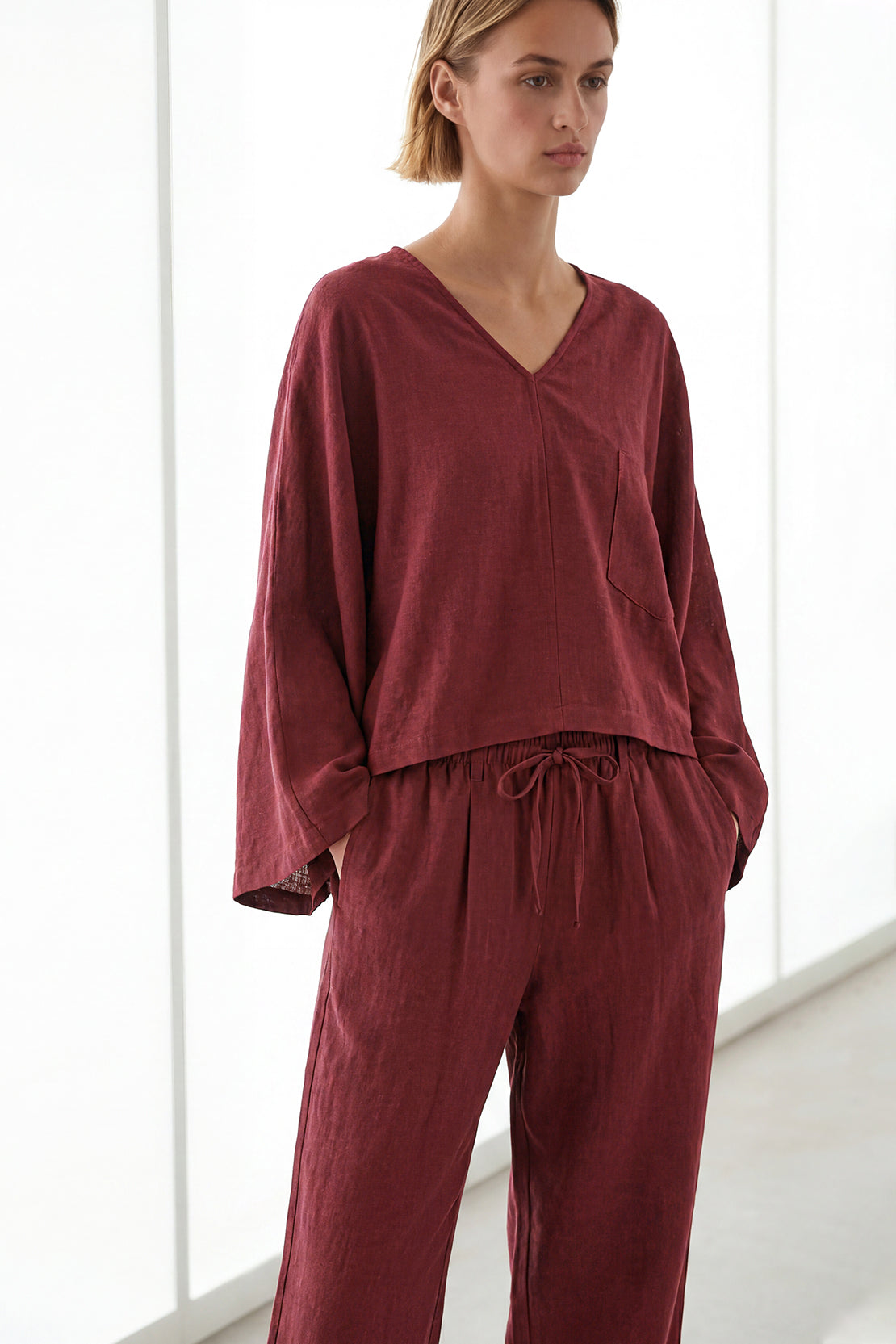 KOKO Pure Linen V-Neck Top & Relaxed Bottom – Red Wine