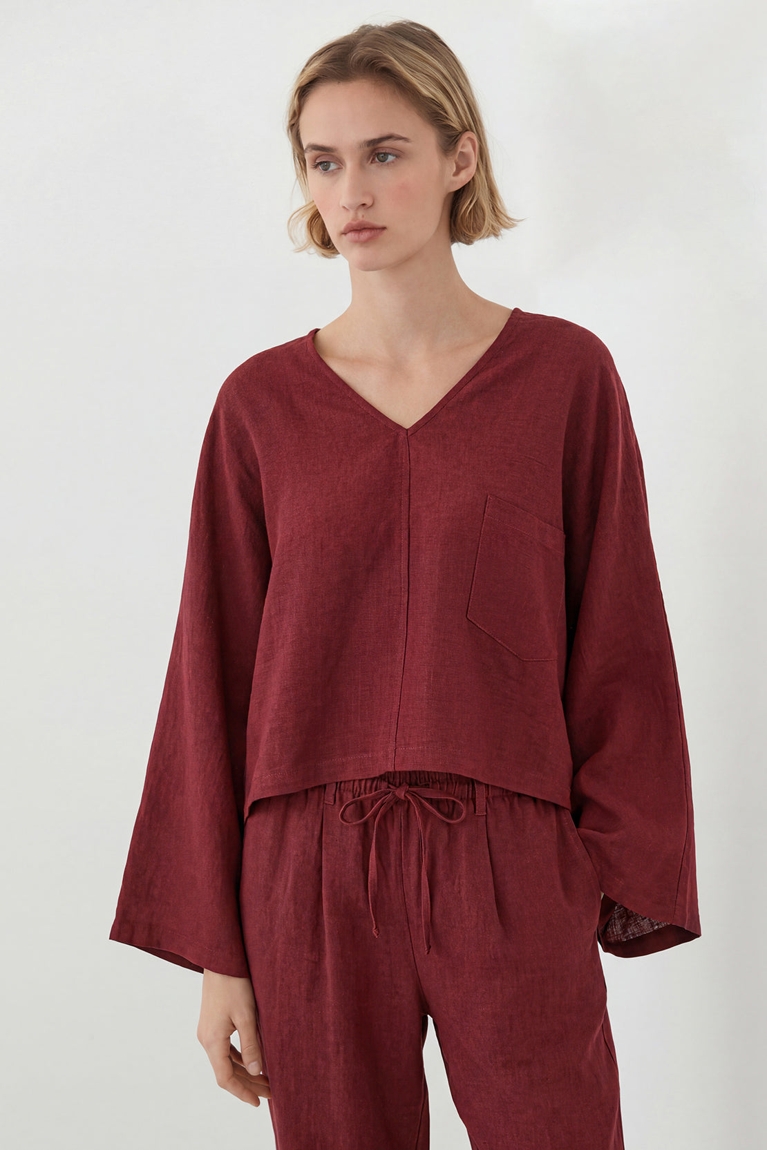 KOKO Pure Linen V-Neck Top – Red Wine