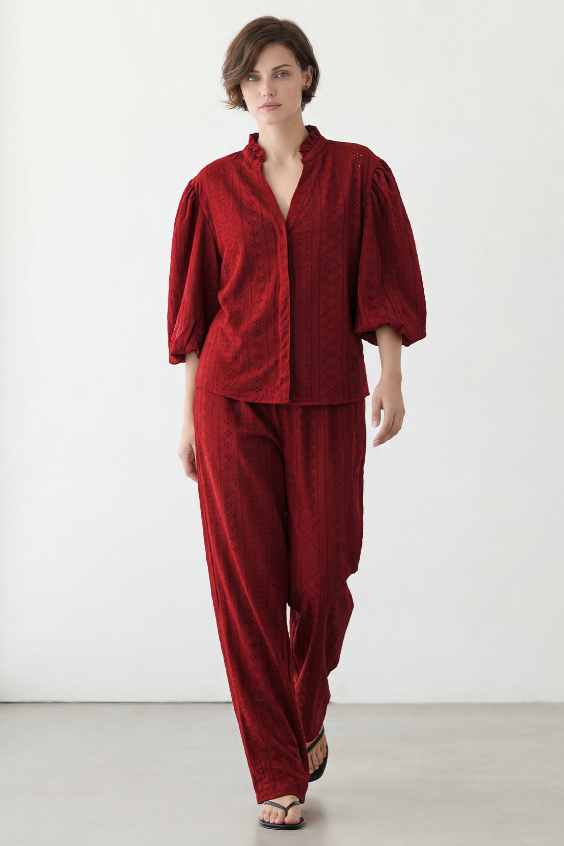 KOKO Nova Knit Ruffled Sleeve Top & Pleated Pants – Red