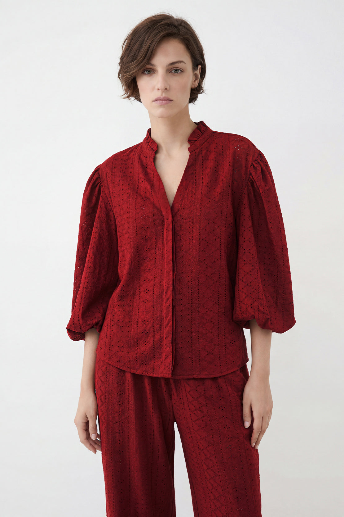 KOKO Nova Knit Ruffled Sleeve Top & Pleated Pants – Red