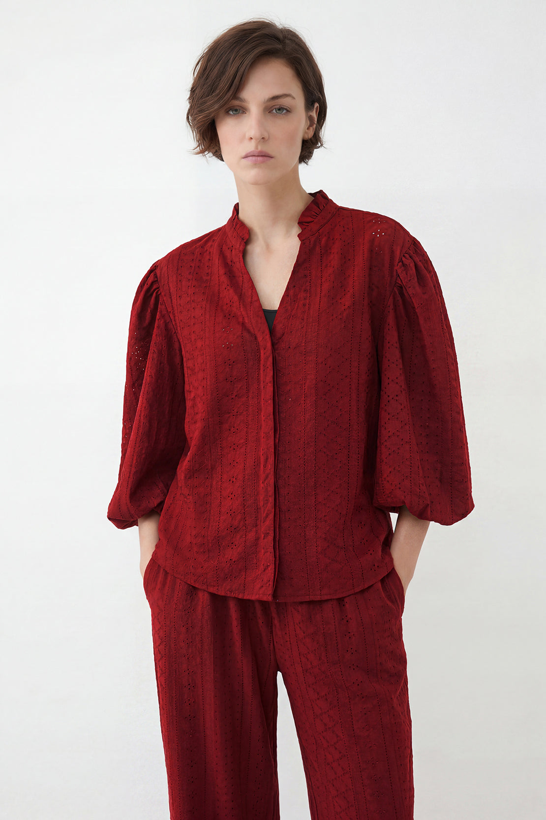 KOKO Nova Knit Ruffled Sleeve Top – Red